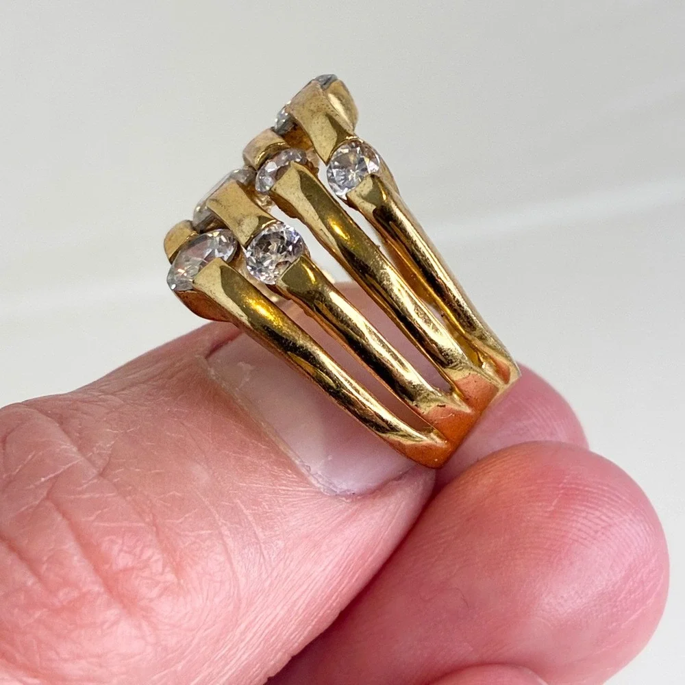 Vintage Ring Gold Tone Chunky Clear Stone Statement Multi Row Tiered Size 6.5
